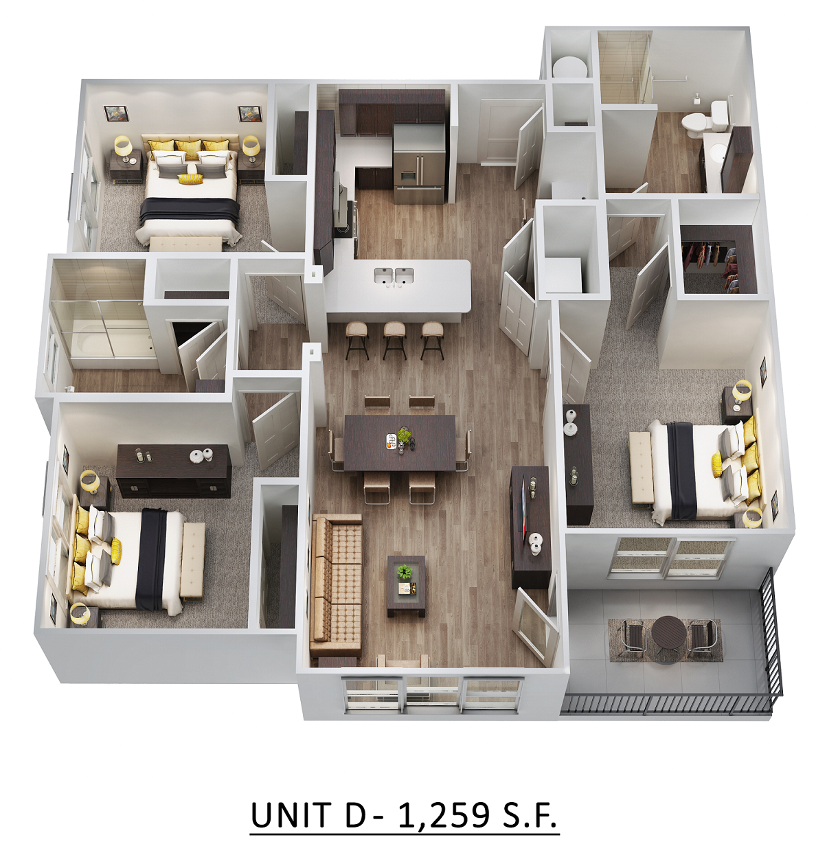 Floor plan for 3 beds, 2 baths, 1259 sqft